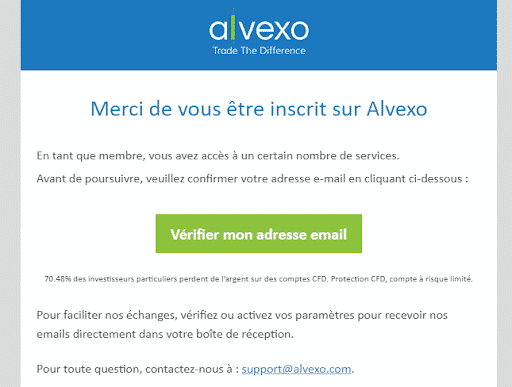 Mail de confirmation d'inscription à la plateforme Alvexo